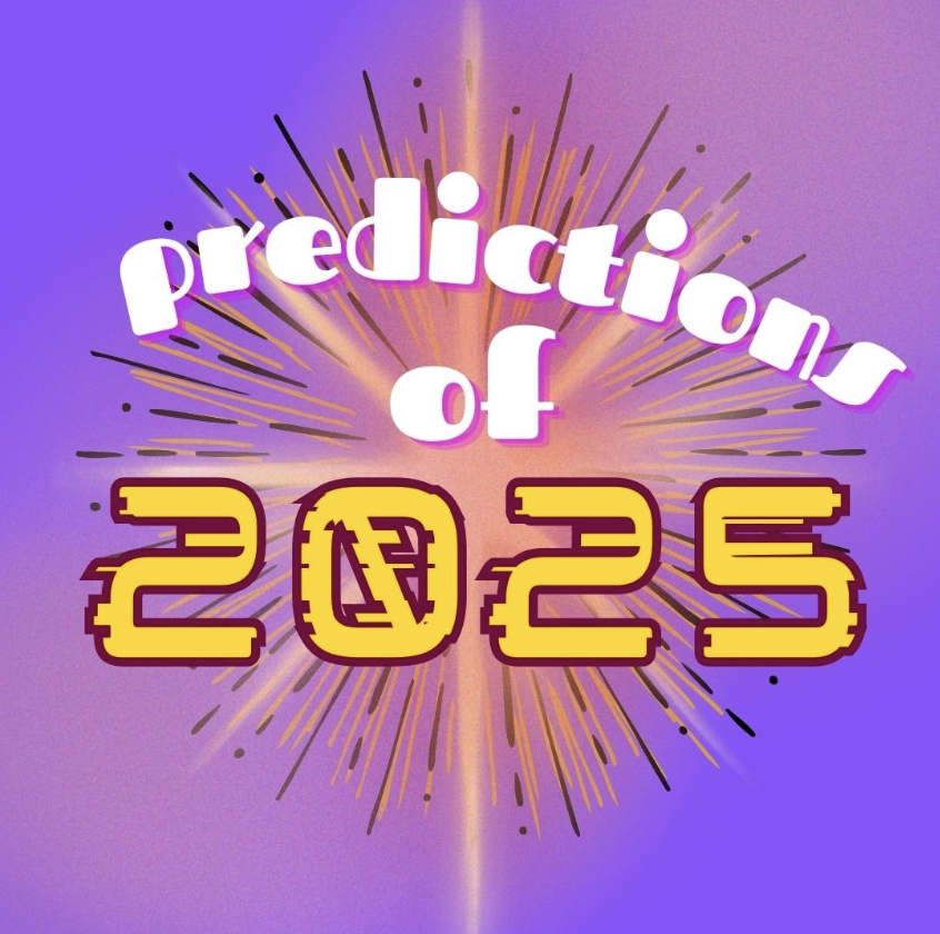 "Predictions of 2025" in bold white and yellow letting, set on a purple and pink ombre background