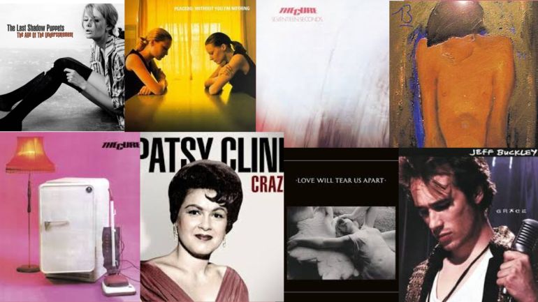 A ​collage​ of albums is shown. Albums featured are by The Cure, The Last Shadow Puppets, Placebo, Patsy Cline, Joy Division, Jeff Buckley, and Blur.