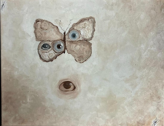 A butterfly with two eyes on its left wing and another on its right. An eye below it. Light tan background.