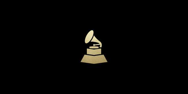 A gold gramophone, the symbol of the Grammys, pasted on a black background.