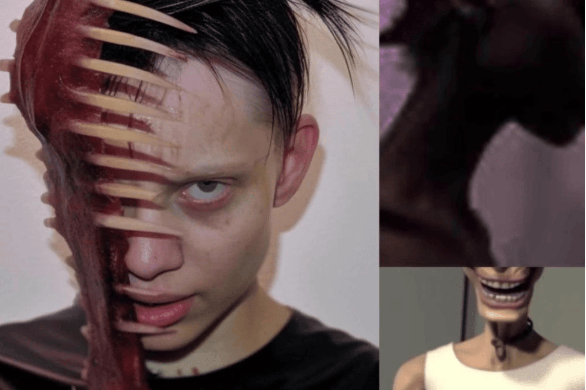A.I. generated images of distorted humanoid beings used for one of Edward Skeletrix’s album covers
