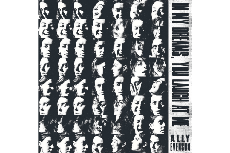  The image is the album cover of Ally Evenson’s 2023 release In My Dreams, You Laugh At Me. The image shows a series of black and white photographs of Evenson making different expressions. 