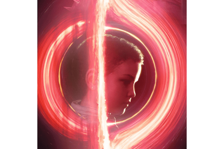 Cover art of Coheed and Cambria album “Vaxis-Act III: The Father of Make Believe” showing a red, black hole ring formation with a child (Vaxis) in the center.