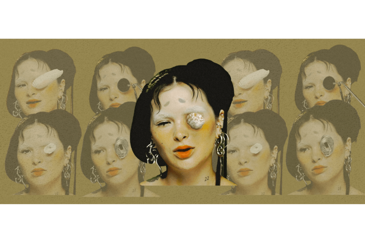 A bunch of promotional photos of Saya Gray over a brown background. Each photo features a close up of Gray with a different object over her right eye.