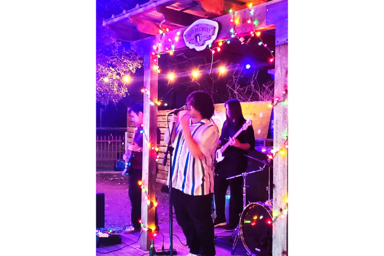 Lead singer for Slick mid performance. Shot from the side with bassist, drums and guitarist in background with night lighting. 