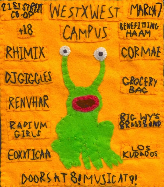 Flyer is a felt made artwork with an orange background and a green alien in the style of Daniel Johnston. 