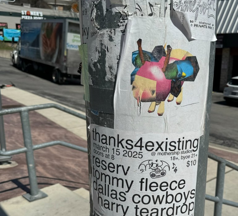 Image of the Feeble Little Horse bug design wheatpasted on a popular lamppost in San Marcos for people to put flyers.