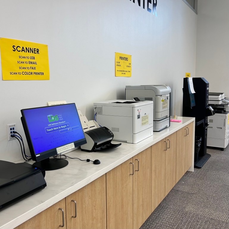 San Marcos Public Library printing center equipped with a scanner, printer and copy machine. 