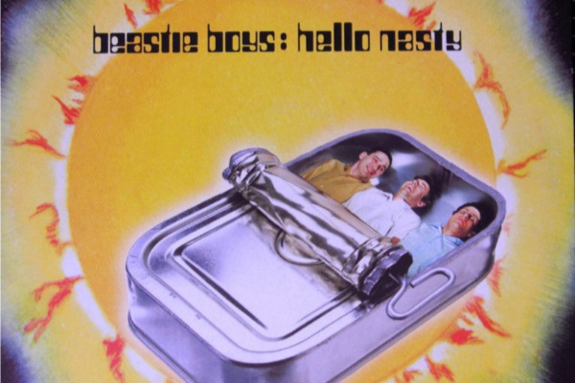 Album cover to Hello Nasty, featuring the Beastie Boys in a sardine can in front of the sun.