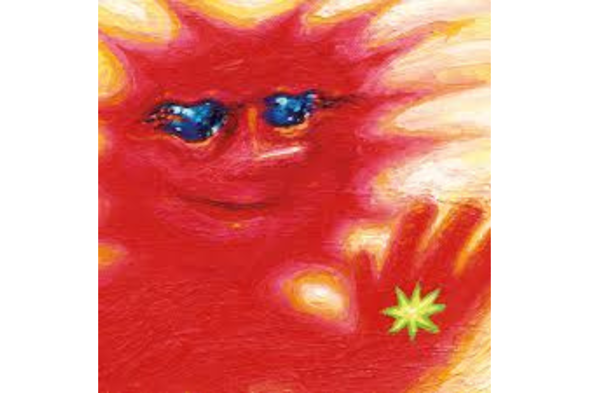 The album cover is a painting of some sort of creature. The creature is red, and has bright blue eyes. It’s hair is shooting off in spikes in all directions and is in front of a yellow background. In the creature’s hand is a yellow star.