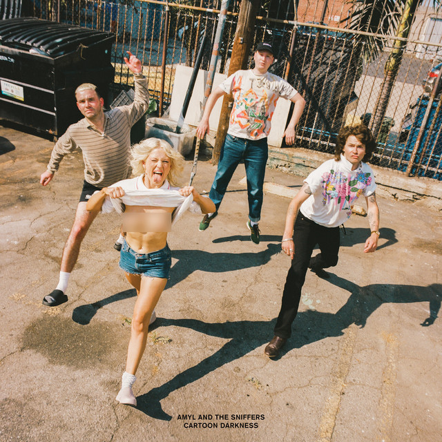 Album cover for Cartoon Darkness by Amyl and The Sniffers. (Left to Right) Bryce Wilson, Amy Taylor, Gus Romer and Declan Mehrtens. Amy Taylor is lifting up her shirt, flashing the camera (censored). 
