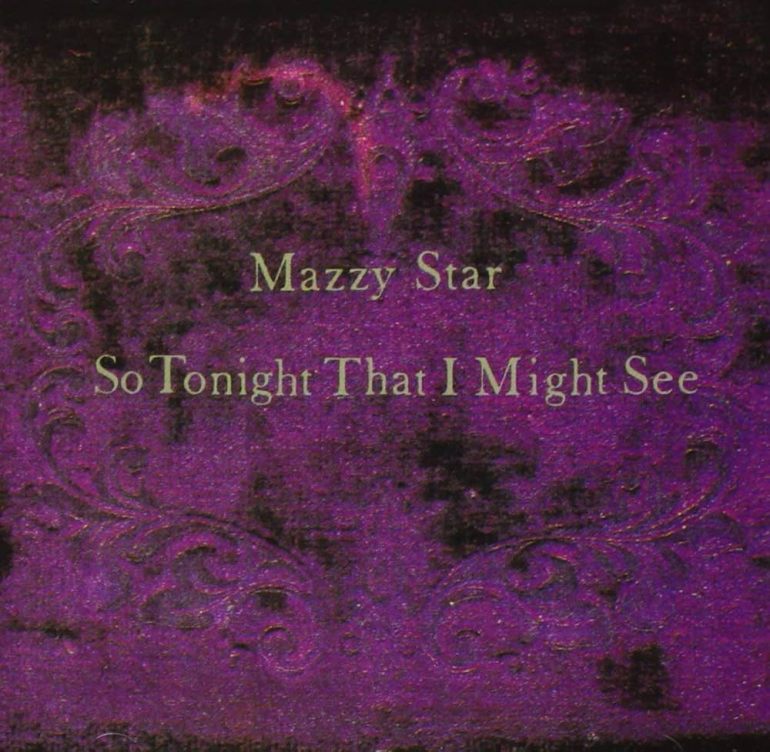 Album cover for Mazzy Star's 'So Tonight That I Might See,' featuring two dark-haired individuals, one holding a guitar, against a warm yellow background.