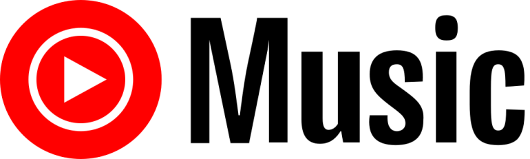 Red record shaped circle with a play button on it next to the word Music in all black