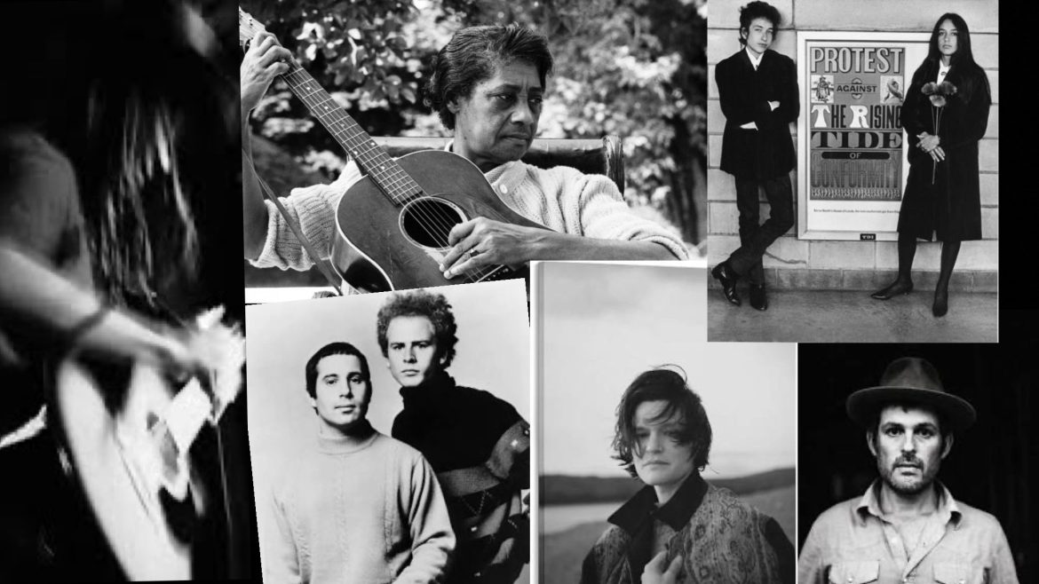 A black and white collage made of images of (from top left) Joan Baez, Bob Dylan, Gregory Alan Isakov, Elizabeth Cotton, Adrianne Lenker, Simon & Garfunkel, and Bodhi.