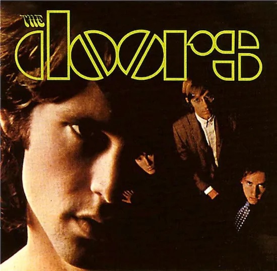 Album cover of "The Doors" featuring the band's name and iconic imagery featuring its band members. 