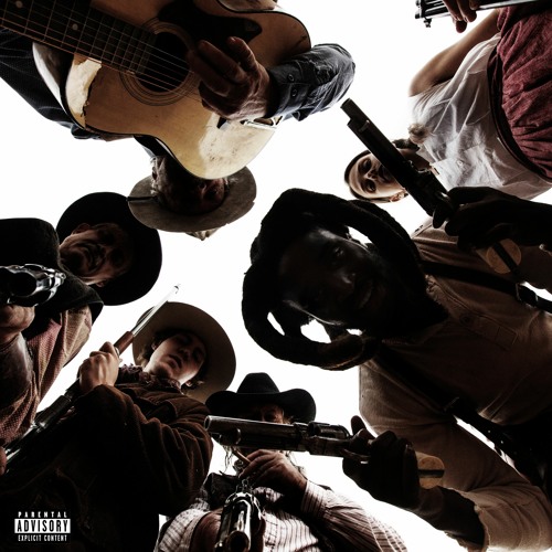 Men dressed in Western clothing surround the frames and looking down. One is holding a guitar, the others are holding weapons, and their faces are covered by shadows