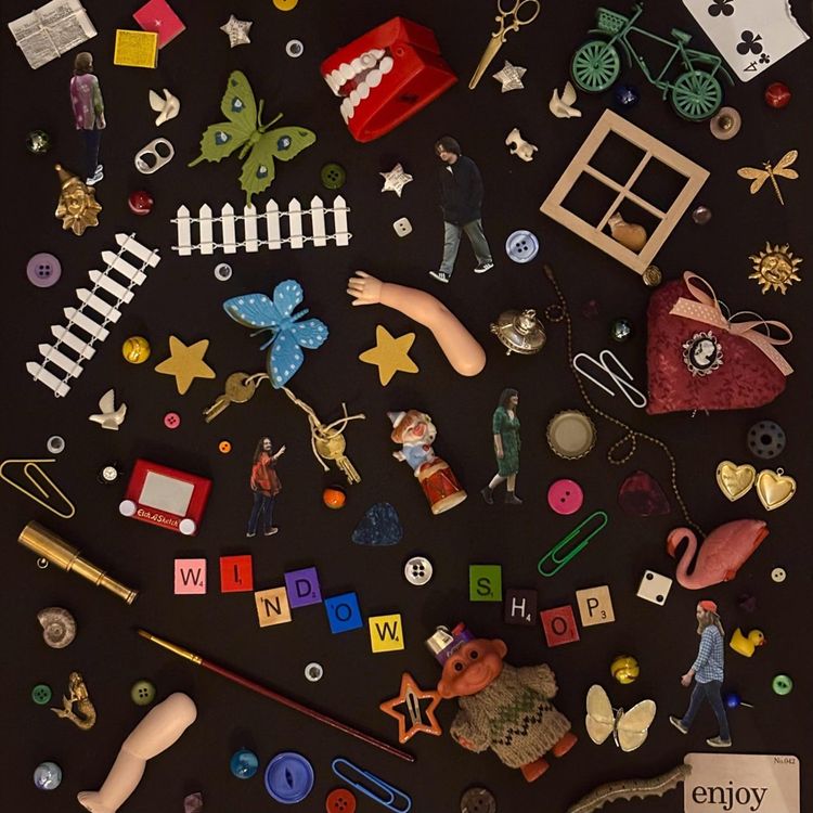 The album cover for "Window Shop II," which is a collage of toys, miniature figures, and the band's name in Scrabble tiles.
