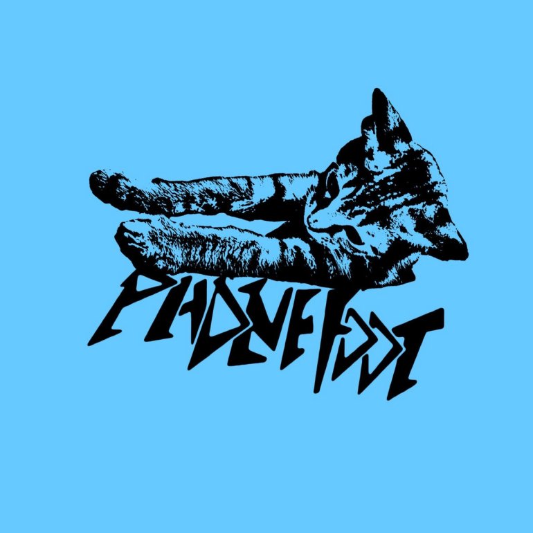 Illustration of a cat stretched out horizontally across distorted, jagged text spelling “phonefoot” on a bright blue background.