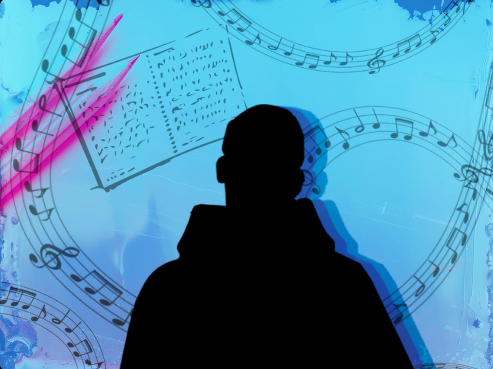 Black silhouette of a man wearing a hoodie in front of a blue background with splashes of darker shades of blue. There are warped pink pencils in the top left and a silhouette of a notebook. 4 sets of sheet Music notes are curved in the background.