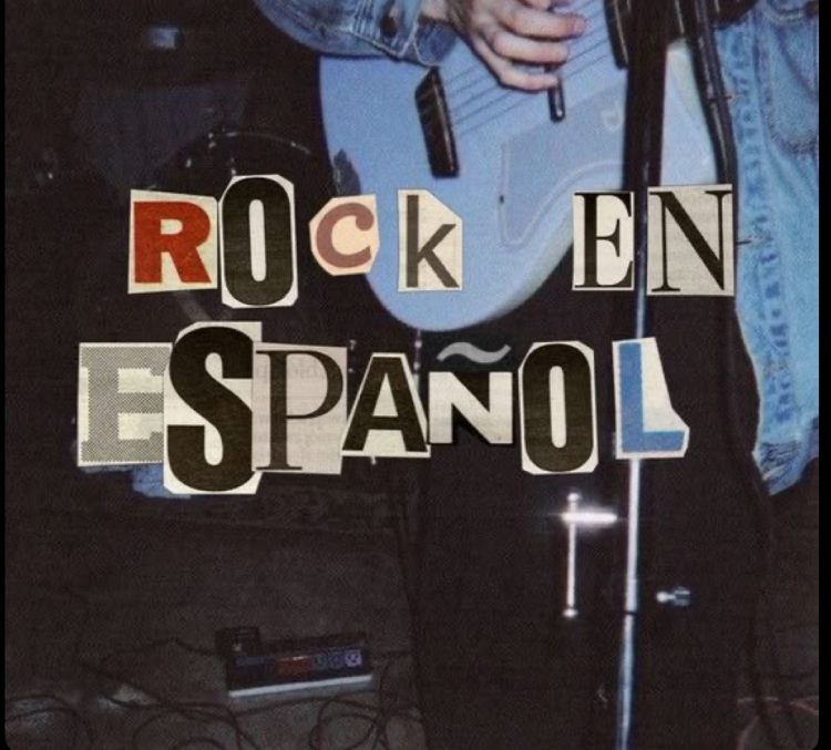 Person playing guitar in the background. Words in cut out magazine font saying rock en Espanol which translates to rock in Spanish.