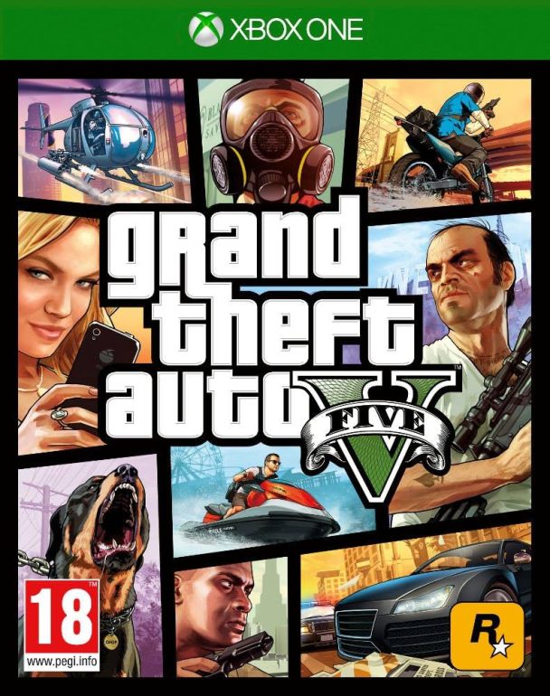Collage-style artwork for Grand Theft Auto V. The image is divided into panels showing different characters and scenes: a blonde woman holding a phone, Franklin with a dog, Trevor aiming a gun, Michael on a motorcycle, a helicopter chase, and a sports car speeding down a street. The bold text "Grand Theft Auto V" is centered over the collage.