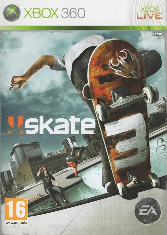 A skateboarders skateboard facing the low angle that the picture is in with a "3" next to the word skate. With someone cherring our skater on in the background and with someone else doing a handplant in a skatepark bowl