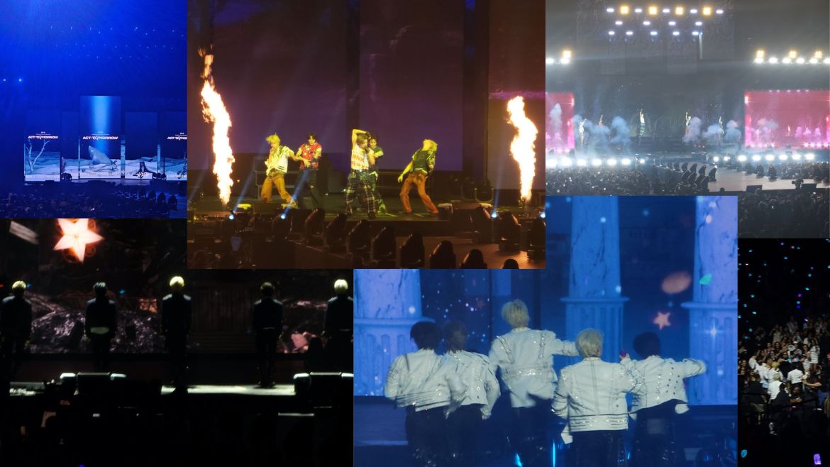 Picture collage from Multiple pictures taken from tomorrow by together Act: Tomorrow world tour Dallas set.