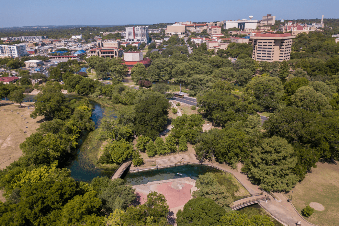 Campus and downtown San Marcos.