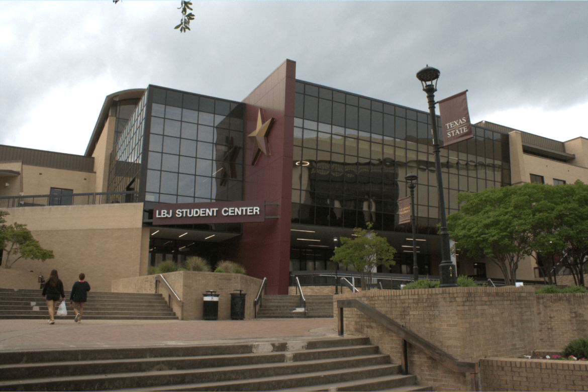 Seen from the bottom of the stairs infont of Texas State's LBJ Student Center