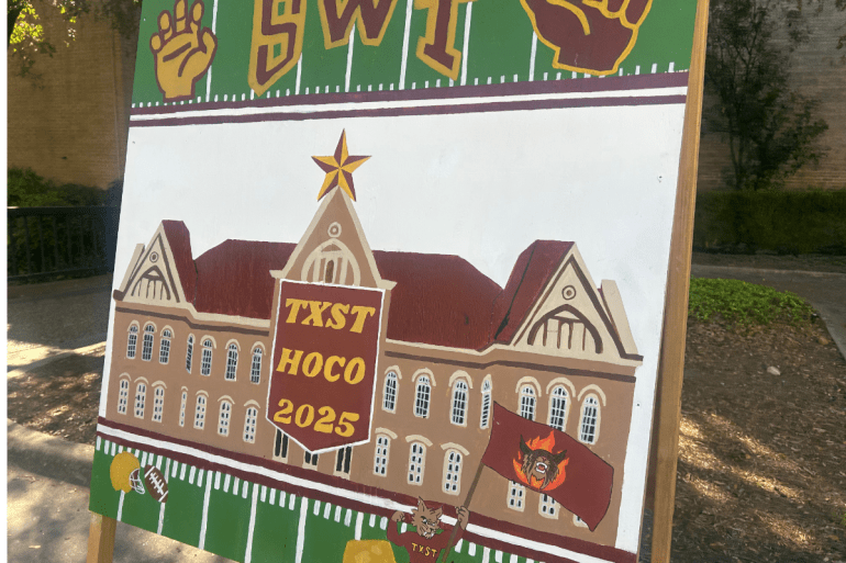  a colorful wooden canvas, old main building illustration with the title SWT