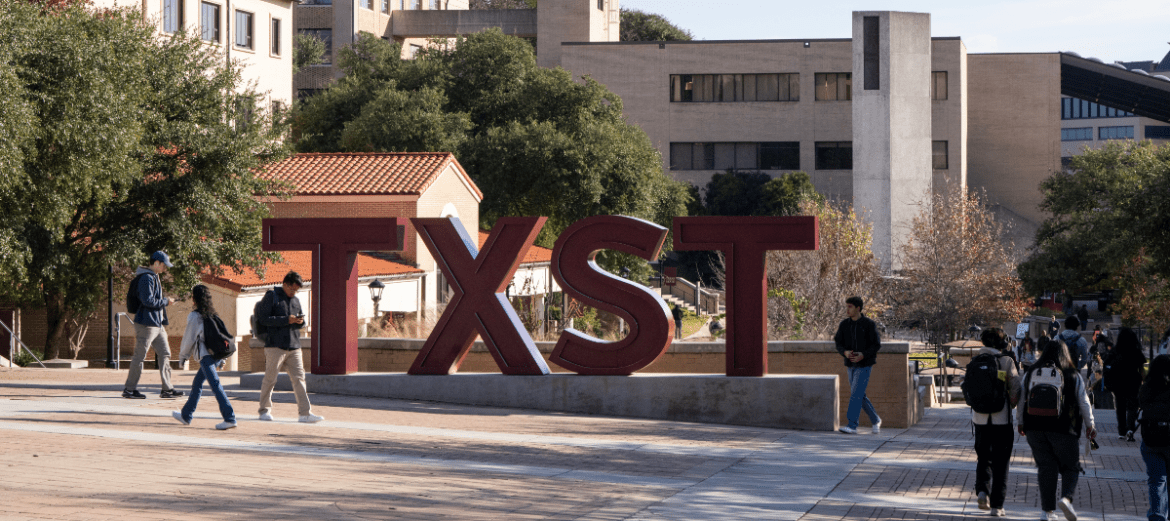 TXST statue on campus.