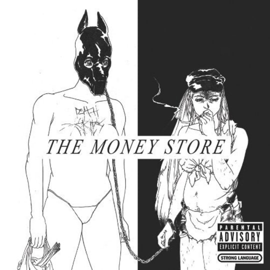 Album cover to Death Grips’ The Money Store featuring a woman smoking a cigarette holding someone wearing a dog mask on a leash. 