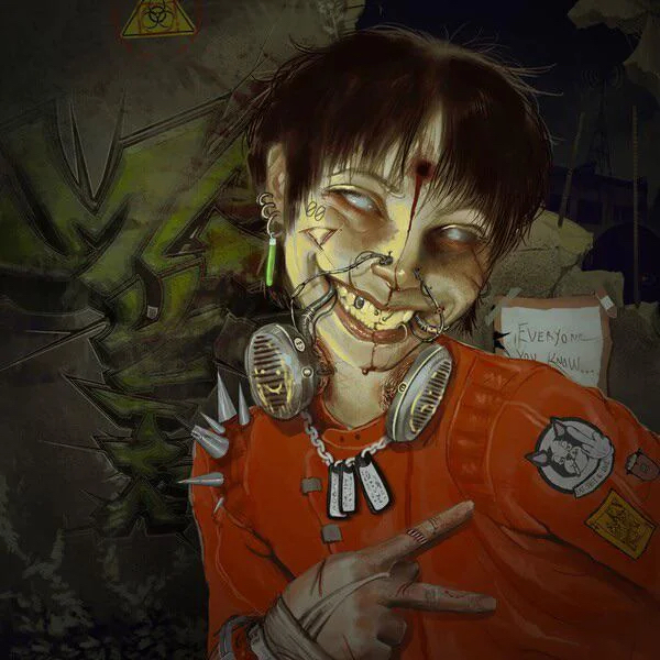 Album cover to Machine Girl’s MG Ultra depicting a girl holding up a peace sign with wires and machinery in her nose and neck.
