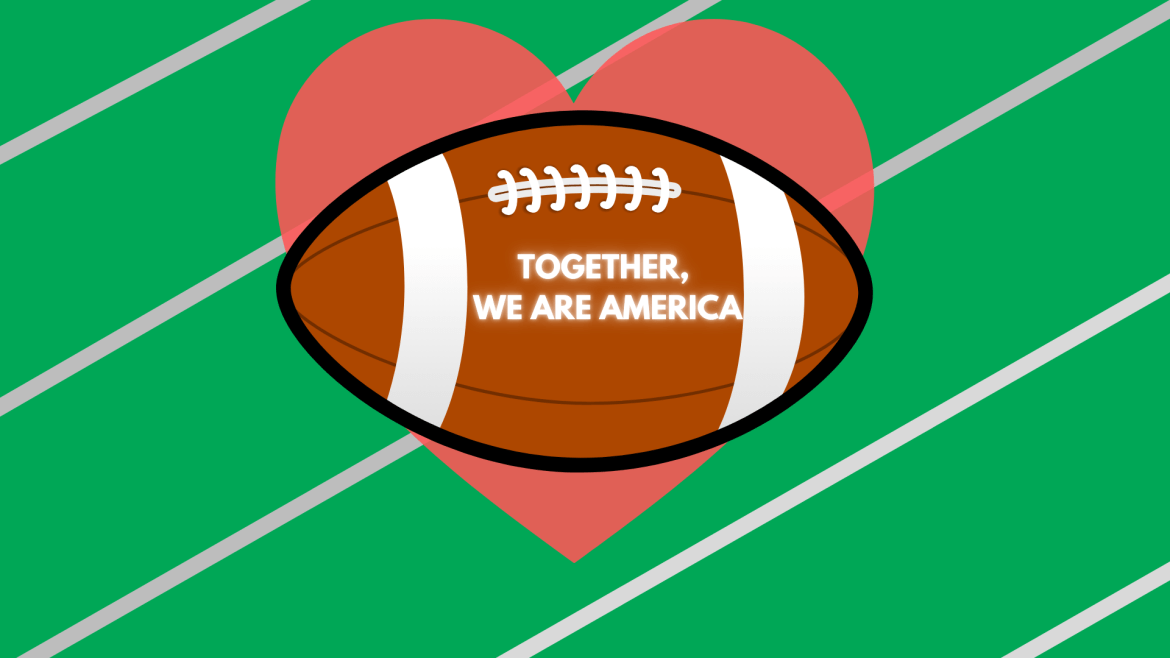 Graphic image of a football on top of a heart with a message reading, “TOGETHER, WE ARE AMERICA.”