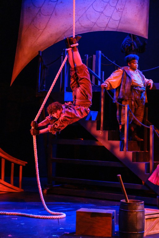 Actor performing a swashbuckling aerial routine in Treasure Island.