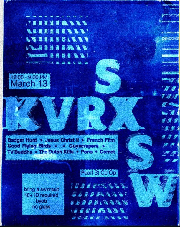 Poster is dark blue with light blue typography giving info to the show. 