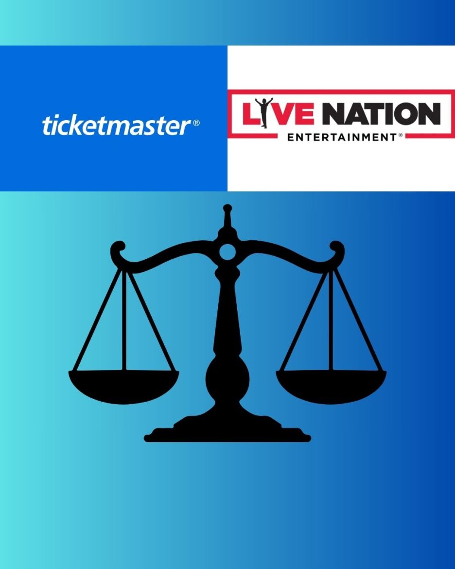 Ticketmaster and Livenation logos with a Scales of Justice beneath against a blue background