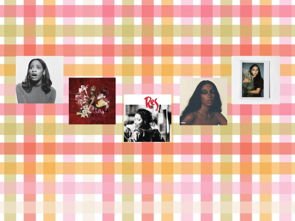 A collage of albums recommended for spring and Women’s Month on a plaid background.