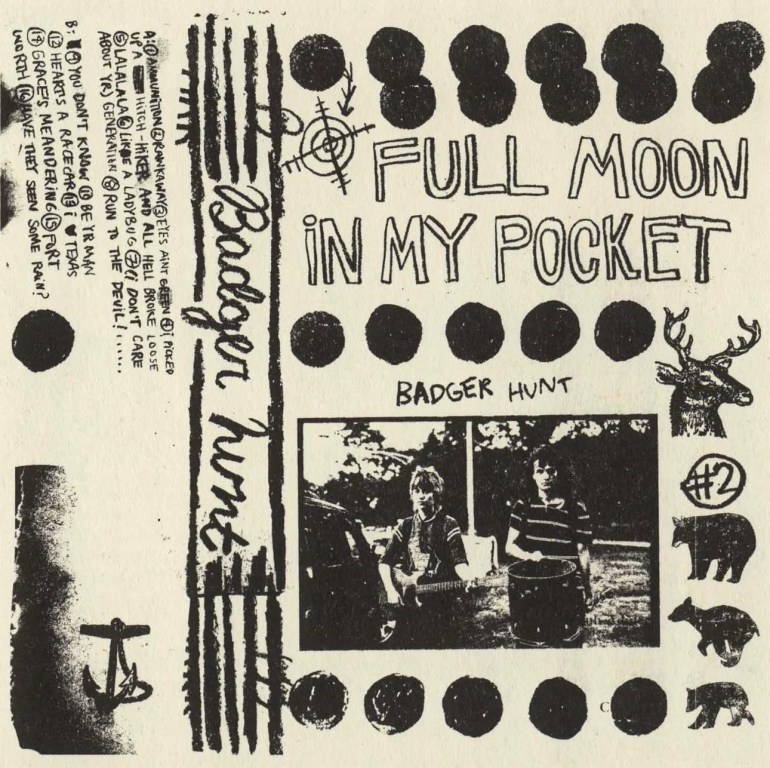 Cover for Badger Hunt's LP, Full Moon In My Pocket. Festyres lettering and images in black ink risographed onto cream paper.