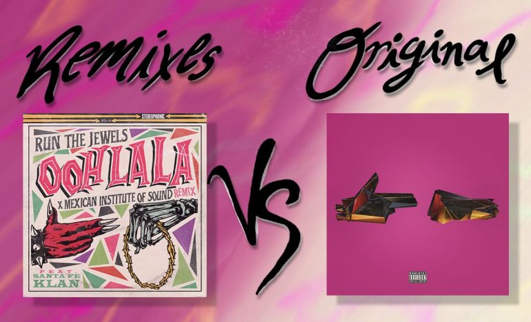 Pink blended to white background, Word remix at top left, underneath is "ooh la la" Mexican institute album cover, V.S. in the middle, world "original" top right, "Ooh la la" original album underneath