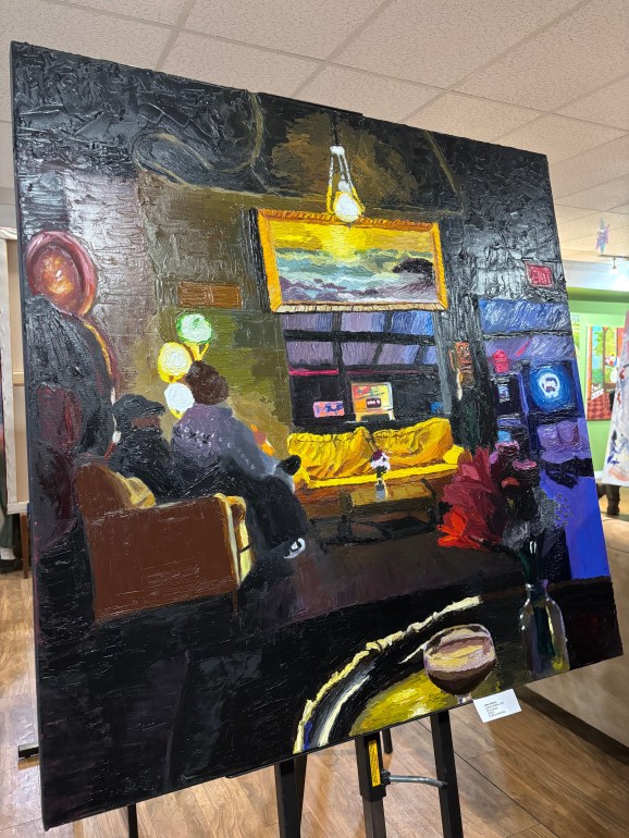 Painting of a bar with dark warm lighting and an espresso martini in the center.