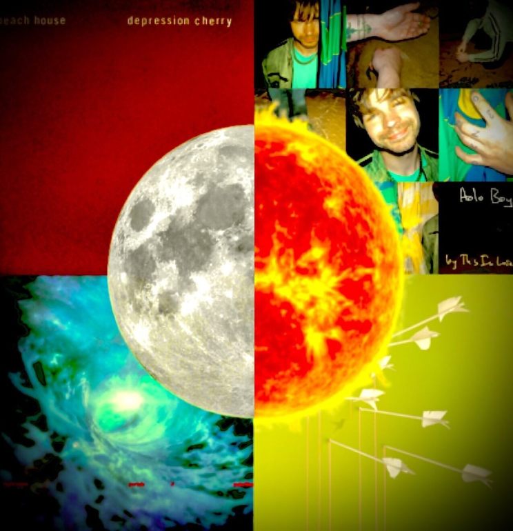 The center of the image shows half of the sun and half of the moon with the depression cherry album cover in the top left corner, the holo boy album cover in the top right corner, the portals//polaraties album cover in the bottom left corner, and the good news for people who like bad news album cover in the bottom right corner.
