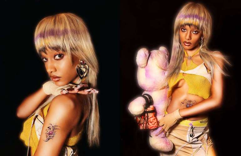 Cannelle Ferragu poses for an editorial photoshoot against a black background, wearing a blonde hairstyle with pastel purple and yellow streaks while holding a plush teddy bear.