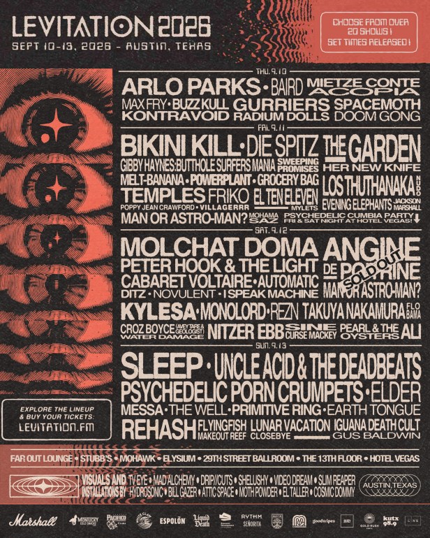 A poster displaying all of the bands playing at this years LEVITATION Festival including some graphics of eyes along the left side of the poster. Each band listed is separated by the different days they are playing