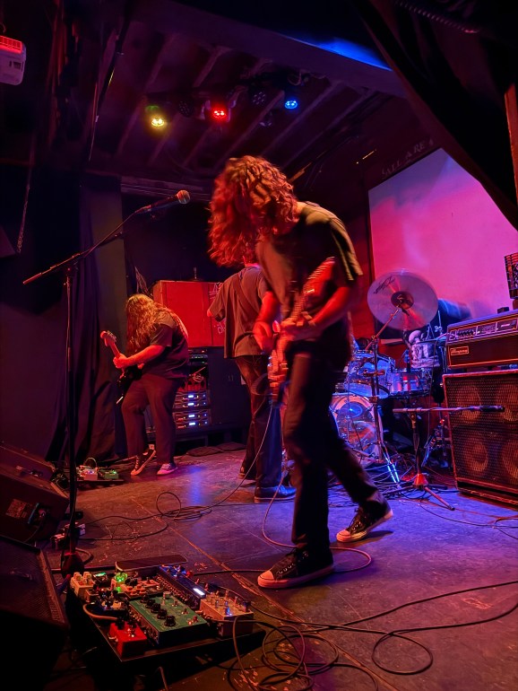 Long hair guitar player shakes head while playing. Purple and red lights shine down on stage. 
