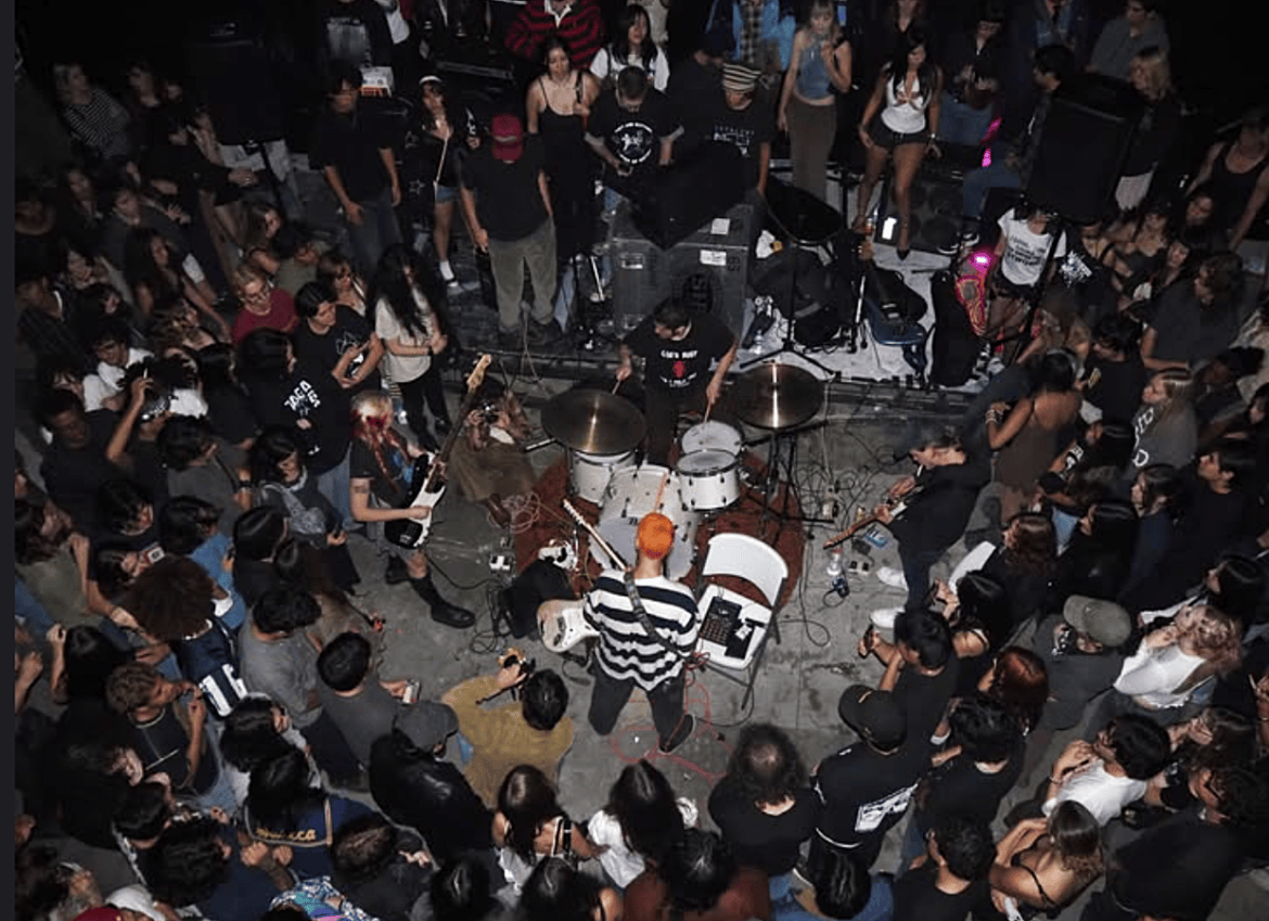 The image shows an overhead shot of the full band facing each other with a crowd surrounding them and a flash from the camera shines above them.