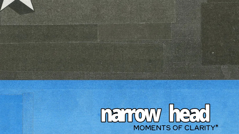 Narrow Head’s 2023 “Moments of Clarity” album cover with gray lines on the top, light blue on the bottom on a streaked background. There is a small white star in the top left corner, and on the bottom, there is text reading “Narrow Head, Moments of Clarity.”