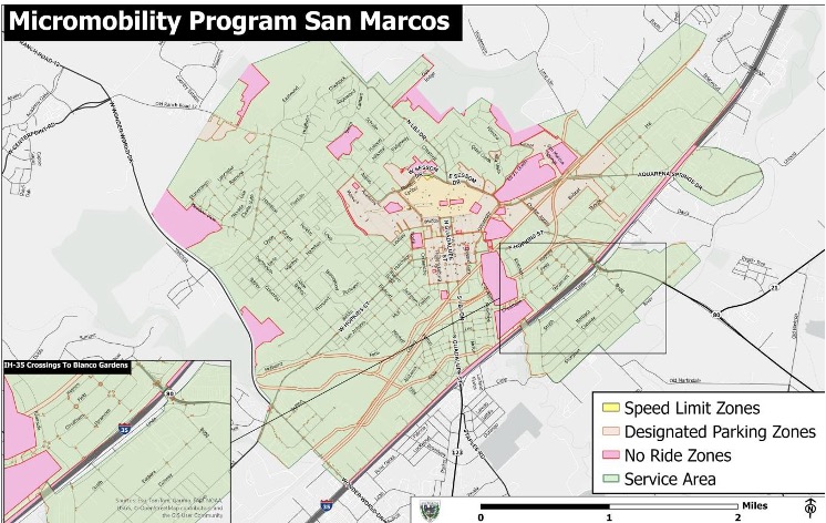 Map of San Marcos that outlines speed limit zones, designated parking zones, no ride zones and service areas.