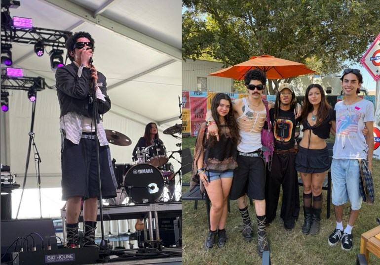 The image depicts two split pictures of Almost heaven. The photo on the left features the singer holding a mic on stage during their set. The image on the right includes KTSW music staff posing with a photo with Almost Heaven after shooting an interview. 