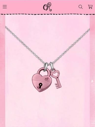A chain attached to a heart shaped lock and heart shpaed key. Pink background with OR at the top